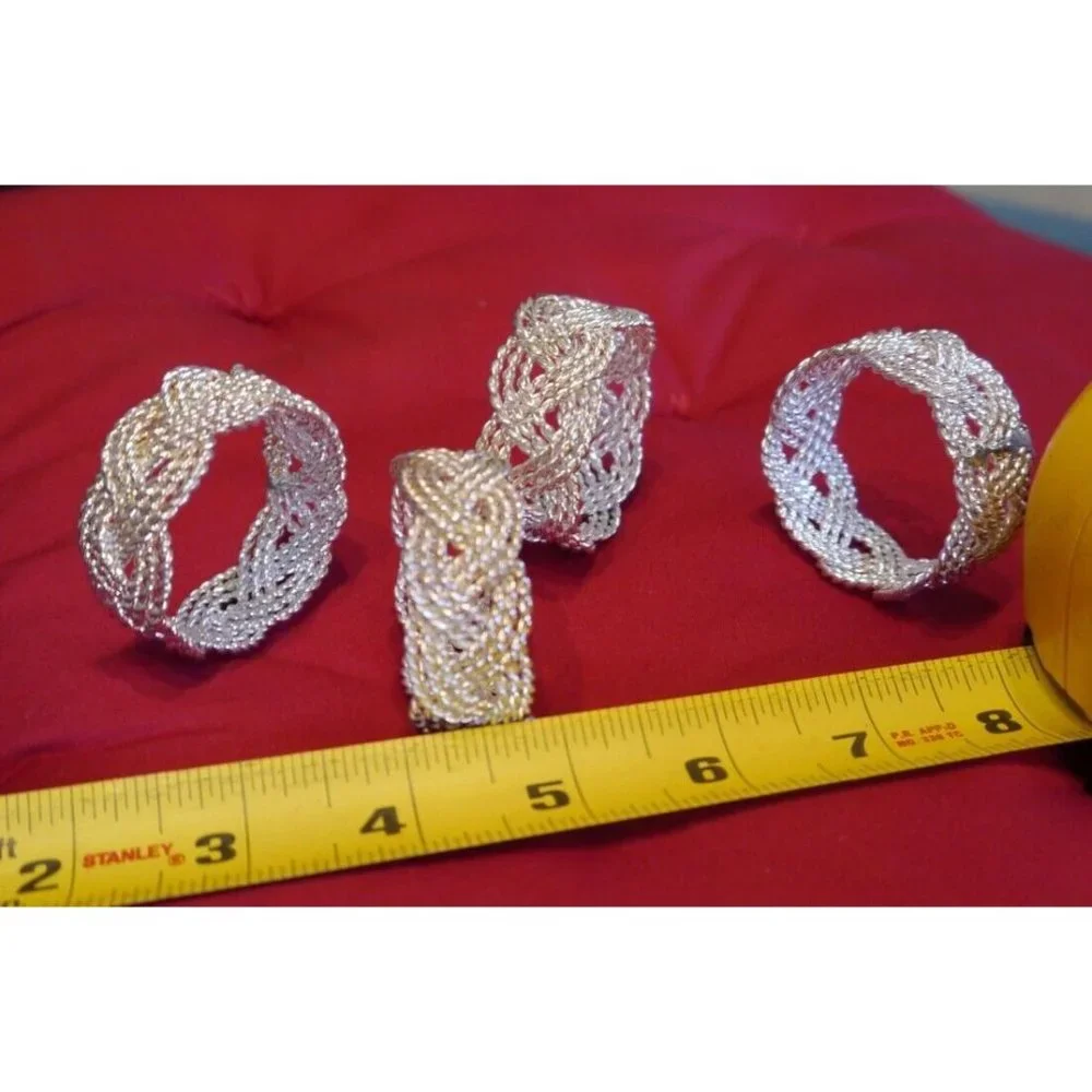 (4) Napkin Rings Nautical Braided Twisted Rope Style Vintage Wire Silver Tone